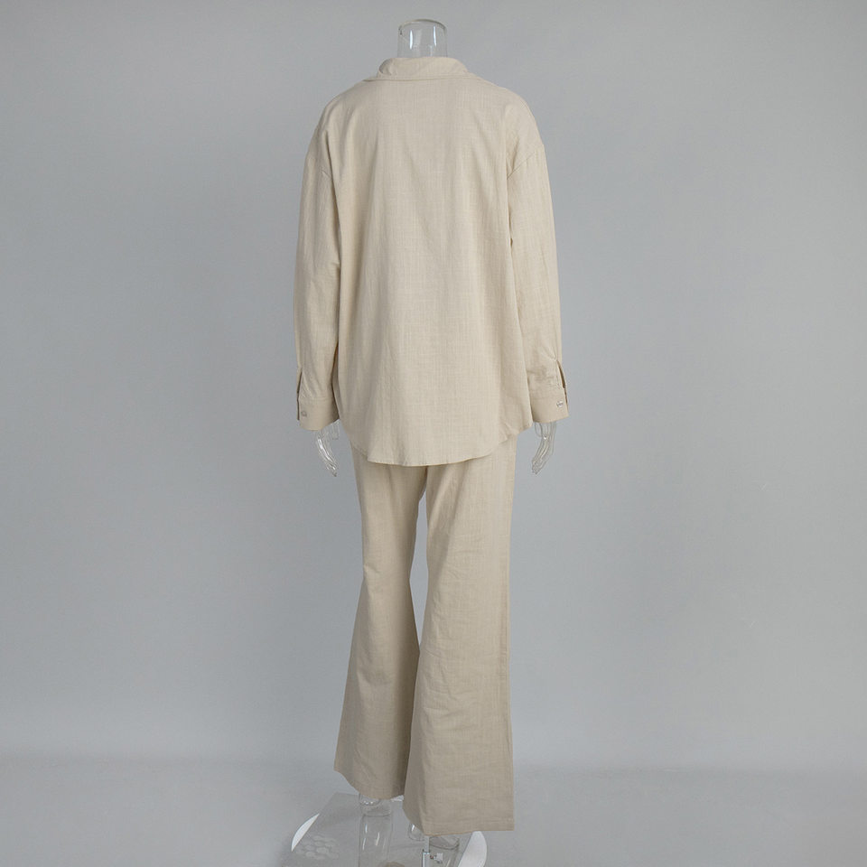 Bộ sơ mi dài tay cổ bẻ phối quần ống rộng dáng suông chất cotton — Màu cà phê, Màu cà phê nhạt, Màu kaki, Màu mơ chi tiết 12