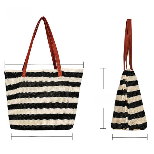 Cross-border outdoor black and white striped grass-woven beach bag Western and Eastern letters beach bag travel foldable hand-held single shoulder bag