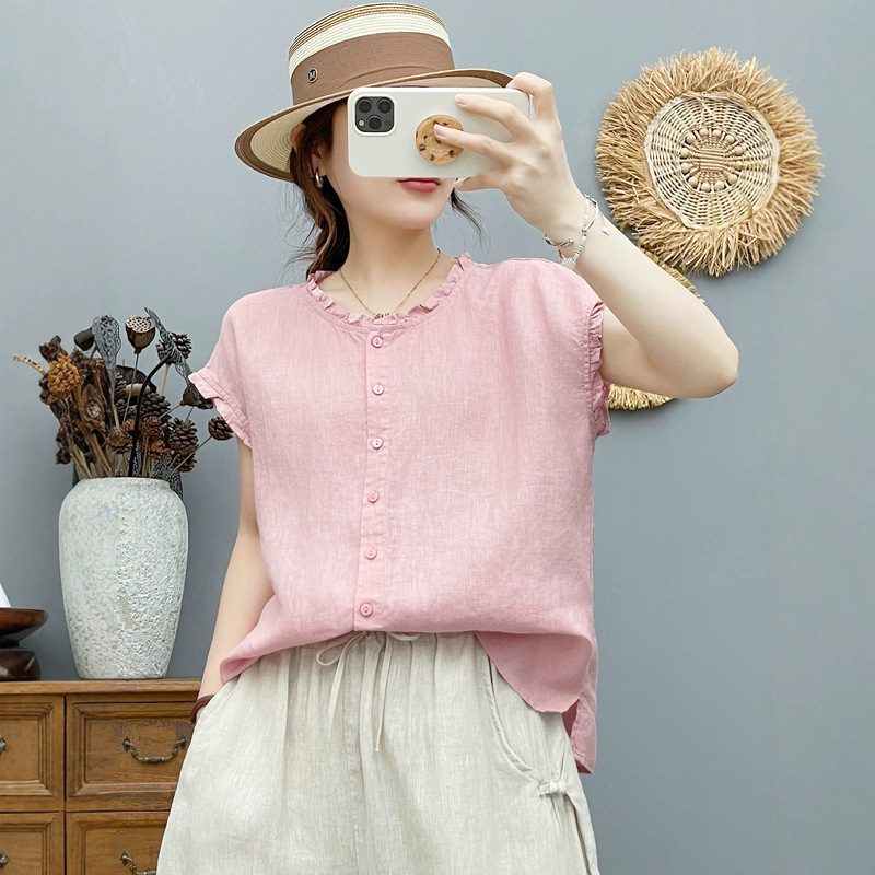 Linen Short-Sleeved Shirt for Women, Summer Thin Style, Cool and Breathable Shirt, Retro Artistic Lace Collar, Flying Sleeves Top Linen Short-Sleeved Shirt for Women, Summer Thin Style, Cool and Breathable Shirt, Retro Artistic Lace Collar, Flying Sleeves Top