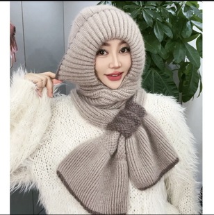 New Warm Knitted Versatile Squirrel Scarf Integrated Wind and Snow Hat Plus Plush Woolen Hat Double Ear Protection Knitted Hat