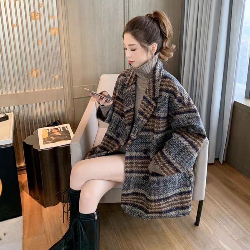 Coffee-Colored Blazer for Women, 2026 Autumn and Winter New Trendy Style, Petite Plaid Tweed Mid-Length Wool Coat Coffee-Colored Blazer for Women, 2026 Autumn and Winter New Trendy Style, Petite Plaid Tweed Mid-Length Wool Coat