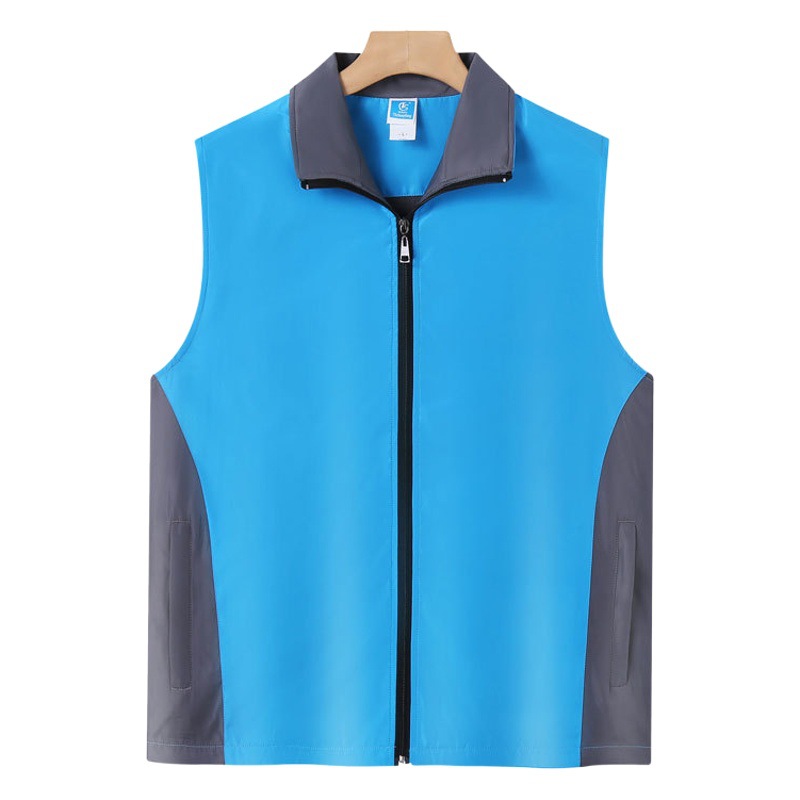 Chaleco de doble capa con bloques de color y logotipo impreso personalizado, ropa de trabajo de alta calidad para el personal de ventas de cadenas de tiendas y empleados de supermercados.