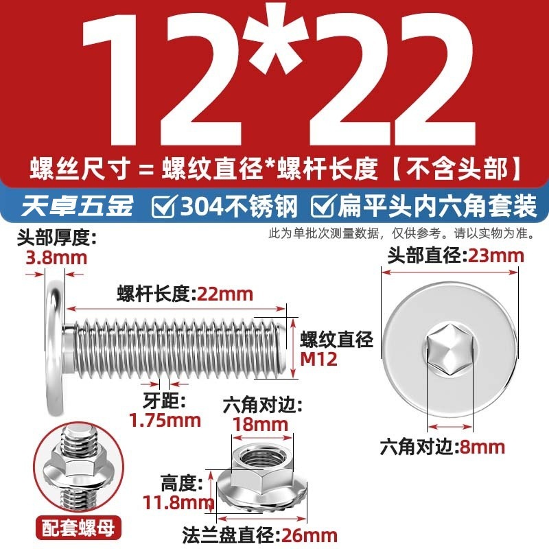 304不锈钢CM大平头超薄头C头扁平头内六角螺丝钉法兰边螺母套装M5|undefined