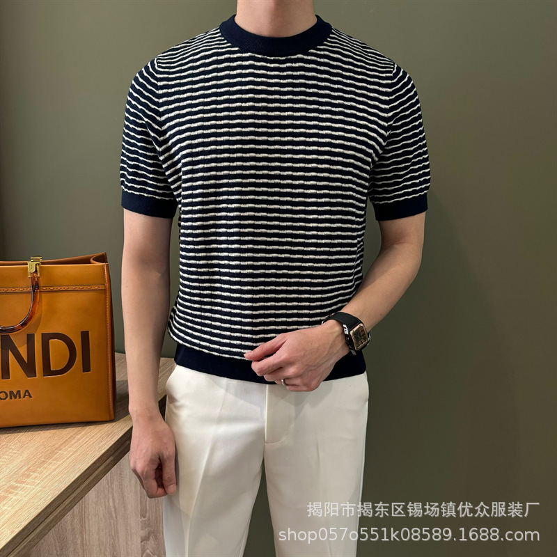 European Style Simple Fashion Striped Sweater Men's Short Sleeve T-Shirt Spring and Autumn Slim Round Neck Thin Knitwear Men's Trendy European Style Simple Fashion Striped Sweater Men's Short Sleeve T-Shirt Spring and Autumn Slim Round Neck Thin Knitwear Men's Trendy