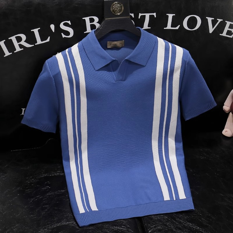 Polo camiseta de punto camiseta de manga corta hombre V-collar gaviota collar rayas verticales viejas camisetas de hielo de viento de verano fábrica transfronteriza al por mayor
