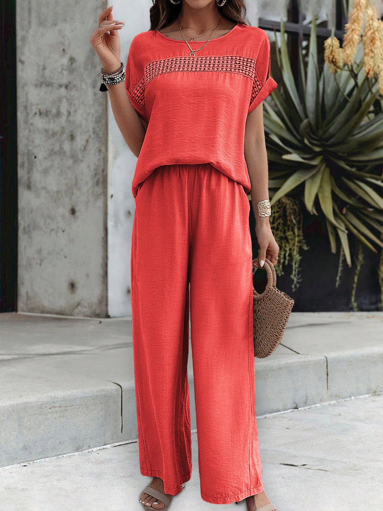 455g Weight Half Sleeve, Half Sleeve Sleeve Length Spandex, Polyester Fabric Type Low Waist Waist Line Short Top Length Pant Co-ord Set, Pant Co-ord Set Sets Type 2 Pieces Set Quantity Casual, Daily Occasion Round Neck, Round Neck Neckline Loose, Loose Fit Type Stripe, Solid Color Pattern Summer, Spring, Autumn Season Women's Gender Hollow Out Design Streetwear, Streetwear Style Apricot Color KaiKuO Women's Fashion Independent Station 2024 Spring Summer Export Casual Fashion Solid Color Short Sleeve Long Pants Hollow Out Set 29