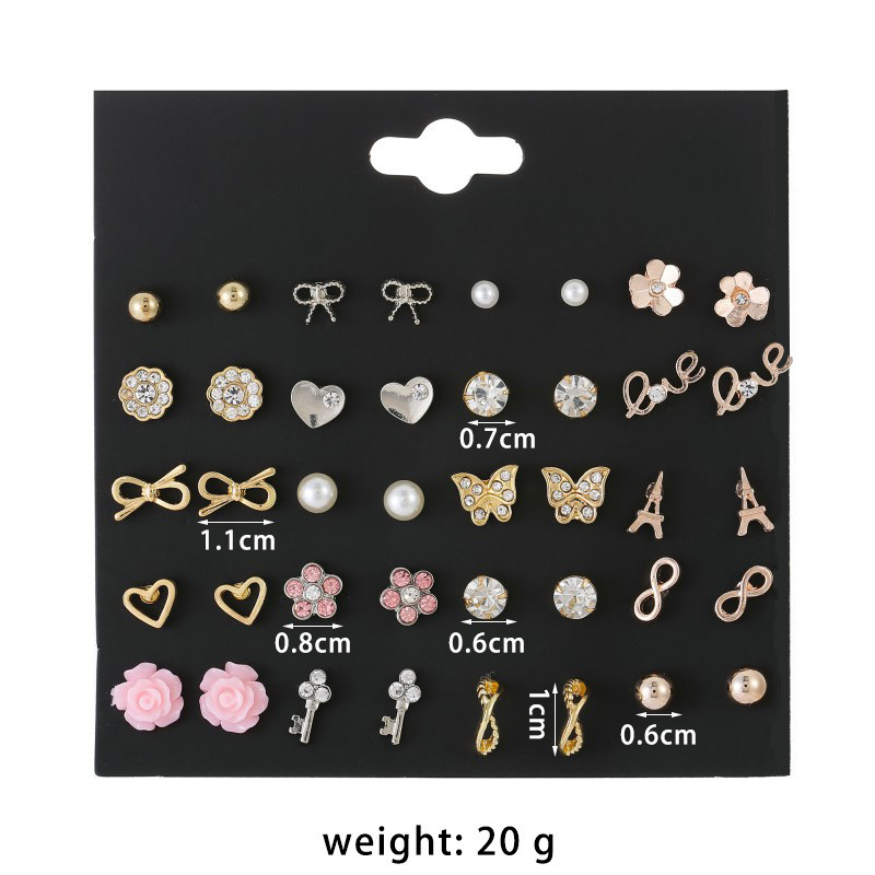 Europäische Und Amerikanische Damen Kreative Eiffelturm Zirkon Diamant Schmetterling Liebe Perle Schlüssel Ohrringe 20 Paar Set display picture 6