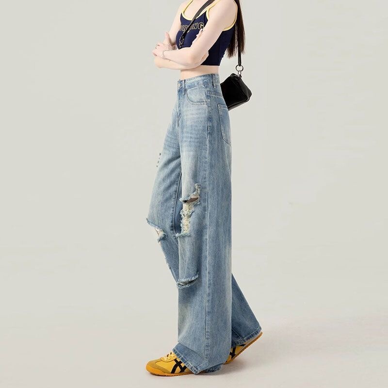 Simone Laine Blue Ripped Summer Thin Jeans for Women, High-Waisted, Slimming, Straight-Leg, Floor-Length, Wide-Leg, Leg-Flattering Simone Laine Blue Ripped Summer Thin Jeans for Women, High-Waisted, Slimming, Straight-Leg, Floor-Length, Wide-Leg, Leg-Flattering