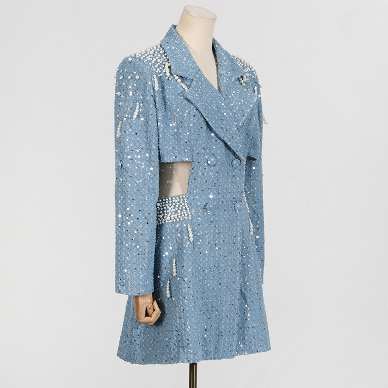 Women's Clothing Elegant Women's Dress With Pearl Embellishments & High Waist Design - Fashionable Long Sleeve A-Line Mini Dress For Summer​_voghion.com