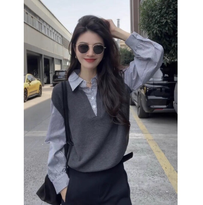 Fake Two-Piece Long-Sleeved Shirt for Women, High-End Design, Niche Early Autumn Korean Chic Chic Knitwear Top