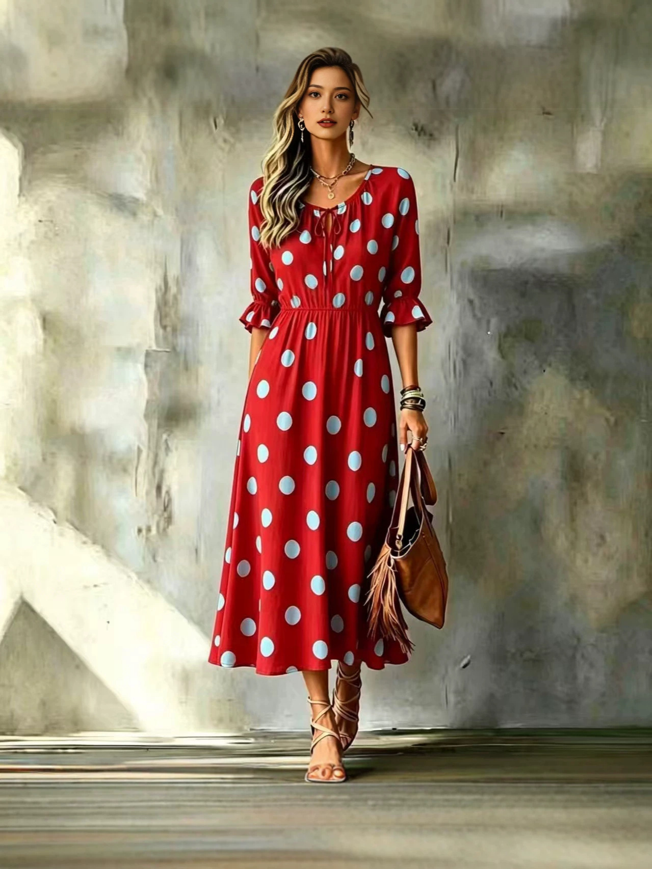 2026 New Cross-Border Women's Fashion European and American Style Waist-Cinching Slimming Mid-Length Resort-Style Polka Dot Print Dress