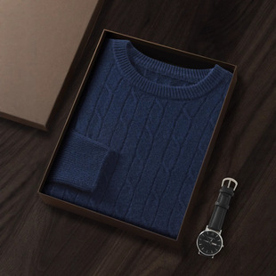 Men's Thick Cashmere Sweater with Seven Needles, Round Neck, Long Sleeve Pullover, Solid Color Cable Knit, Business Casual Versatile Knitwear