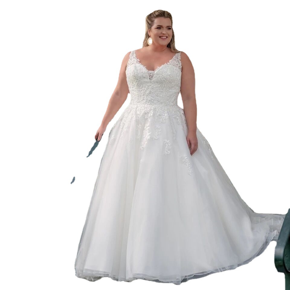 Comercio exterior europeo y americano Amazon AliExpress deseo más tamaño largo elegante cuello en V sin mangas de encaje elegante vestido de novia