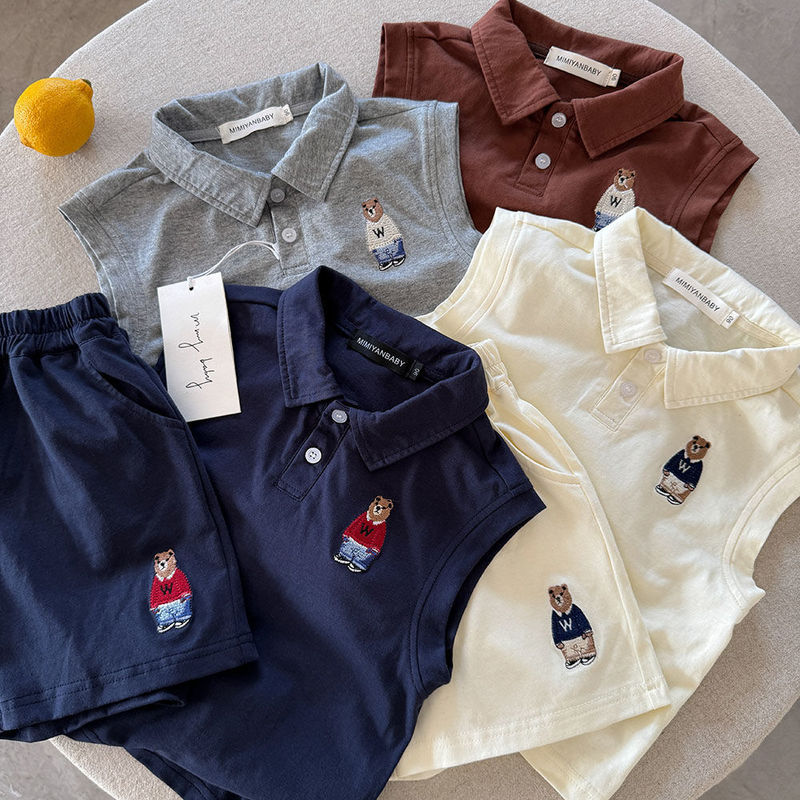 Children's Summer Sleeveless Vest Suit, New Style, Stylish Boy's Polo Shirt, Baby Girl's Shorts Two-Piece Set, Thin and Trendy