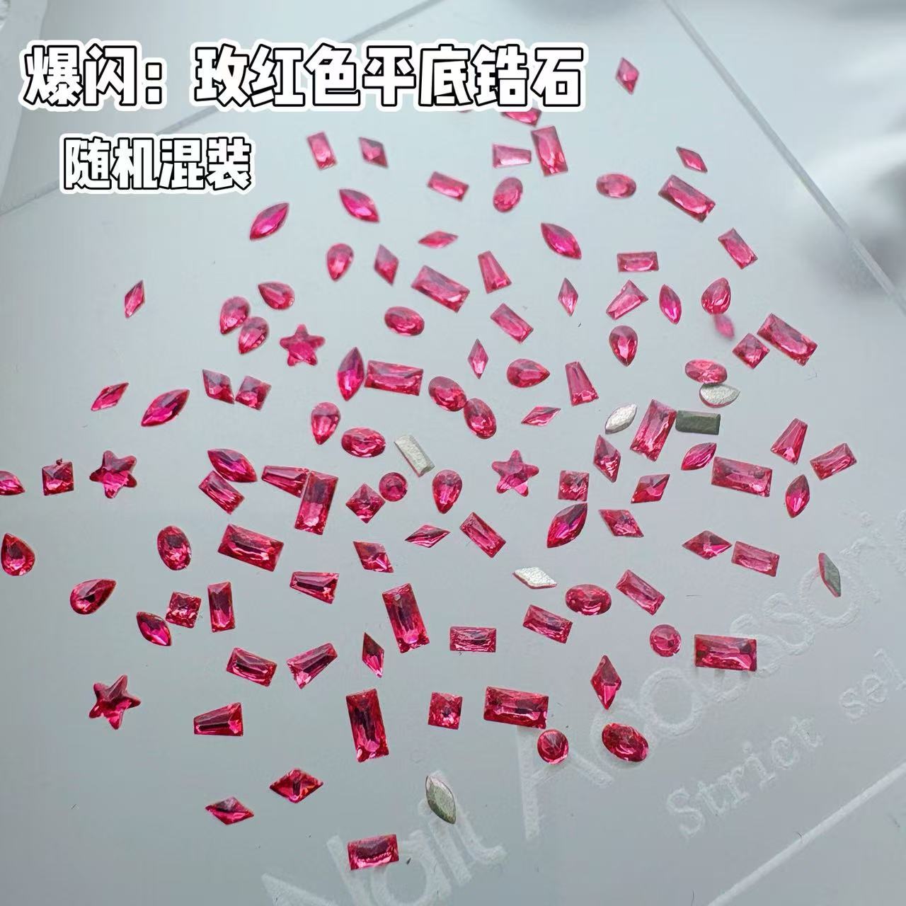 Rose-red flatback cubic zirconia nail art gems, assorted shapes, dazzling and unique designs, DIY nail art accessories