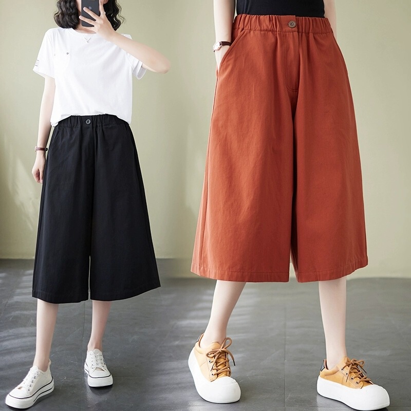 Summer New Cotton Solid Color Elastic Waist Loose Versatile Fashion Slimming Casual Cropped Wide-Leg Pants for Women 2536
