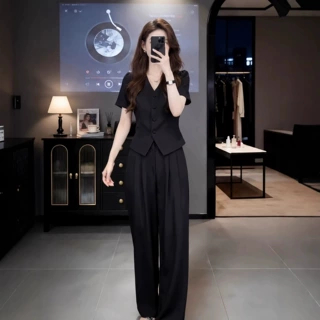 通勤高级感时尚套装女夏新款轻职场气质v领黑色上衣阔腿裤两件套