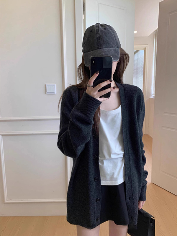 黑色针织开衫女春秋小个子休闲宽松慵懒风外搭毛衣外套软糯上衣|undefined