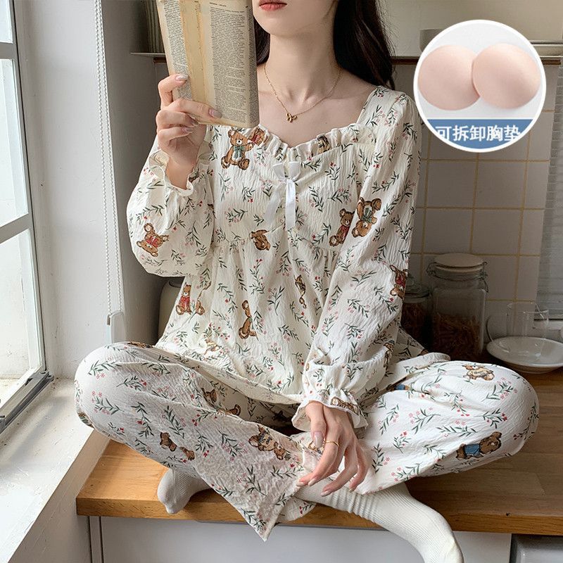 春秋季女新款带胸垫方领云朵棉卡通可爱公主风格女士家居服套装|undefined