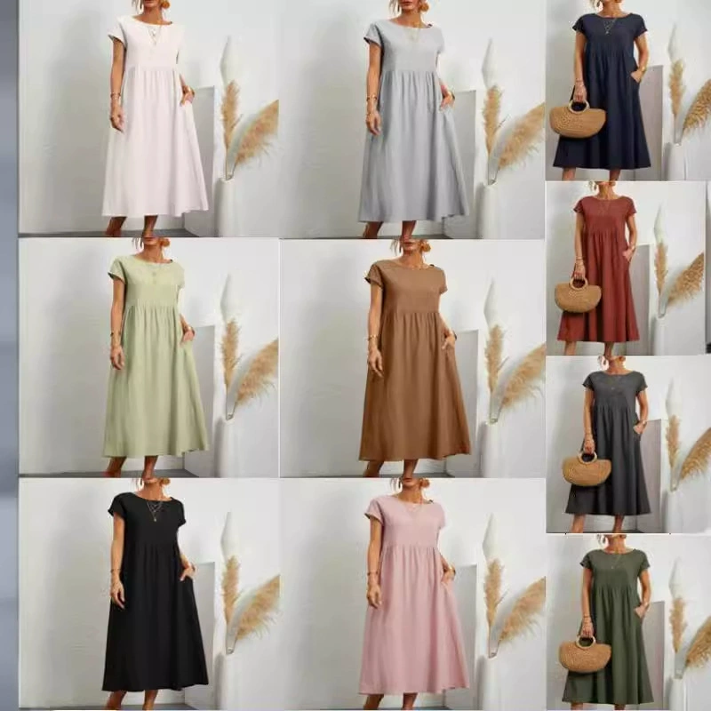 Новое женское платье 2025 года в европейском и американском стиле, однотонное, без рукавов, свободного кроя, с карманами, из хлопка и льна, оптовая продажа для внешней торговли