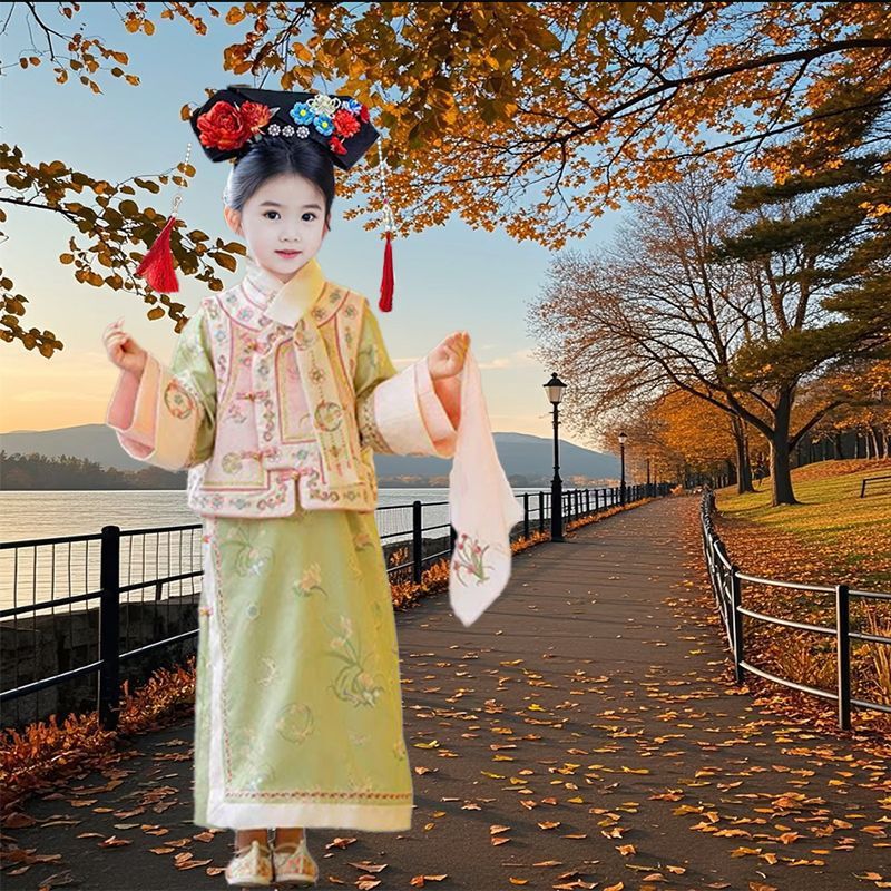 汉服女童格格春秋儿童中国古装25年旗袍清朝新款中式印花旗袍套装|undefined