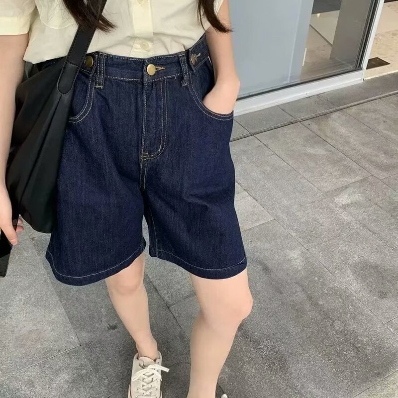 Dark blue Denim five-point shorts women's summer Korean casual slimming high versatile wide leg high waist A- line pants fashion