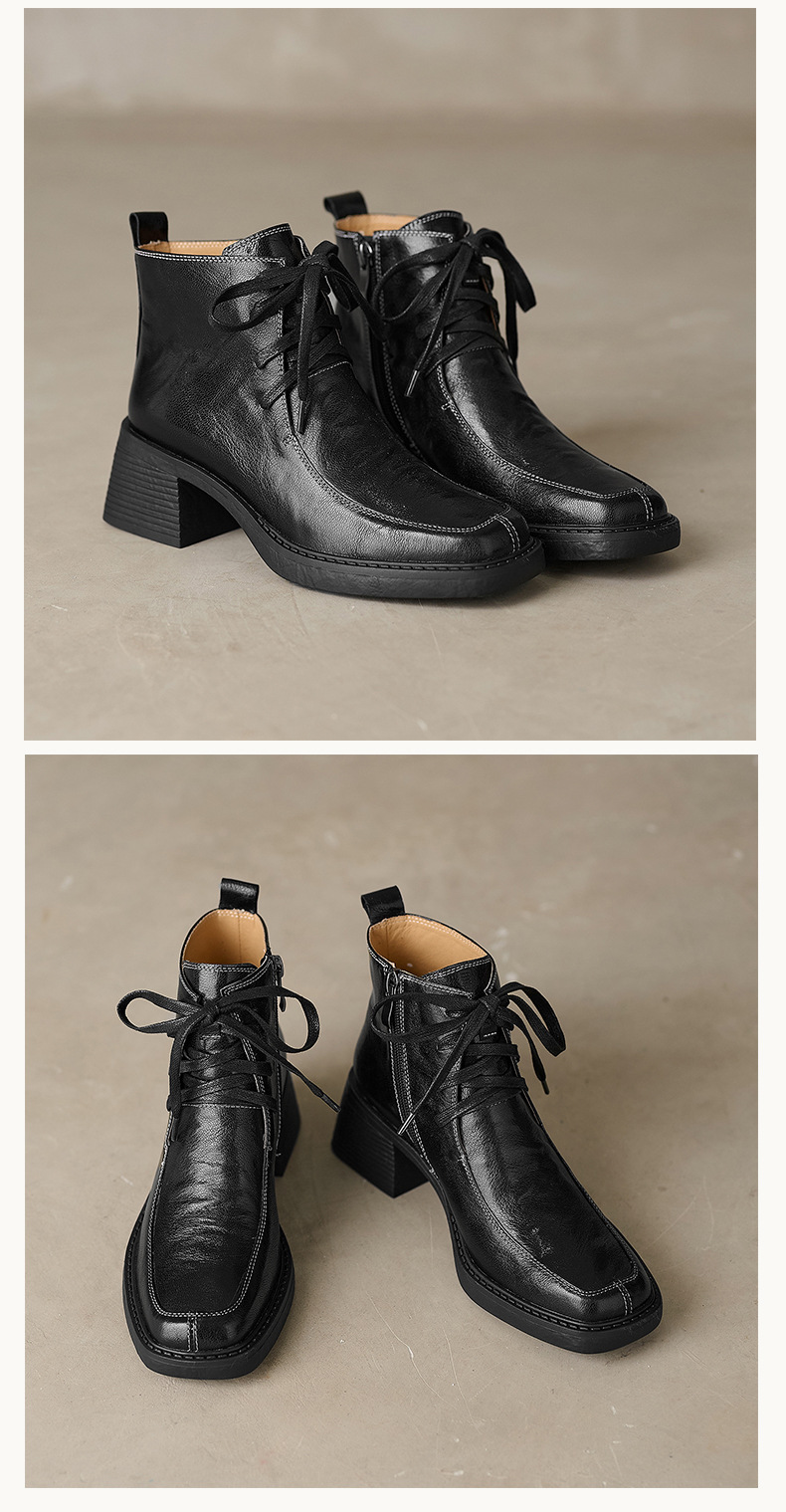 Boot nữ mũi vuông dây buộc da dê cao gót cổ ngắn lót nhung — Lớp lót nhung đen chi tiết 14