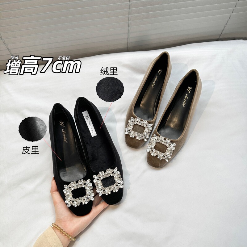 Height-Increasing 7cm Rhinestone Square Buckle Suede Thick Heel Flats for Women 2025 New Style Work Clothing Without Tired Feet Square Toe High Heels