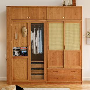 Japanese-Style Solid Wood Wardrobe Cherry Wood Glass Sliding Door Rattan Wardrobe Home Nordic Bedroom Log Wardrobe