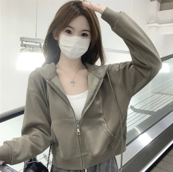 山东即墨卫衣连帽短外套女初秋收腰修身上衣韩秋季穿搭美式小个子|undefined