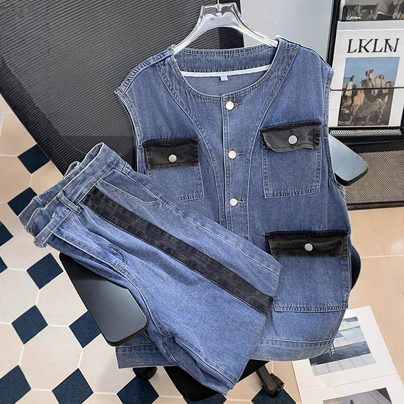 Fashion Color-Blocking Vest Jacket Men's Wide-Leg Straight Pants Stylish High-End Outfit Handsome Complete Set