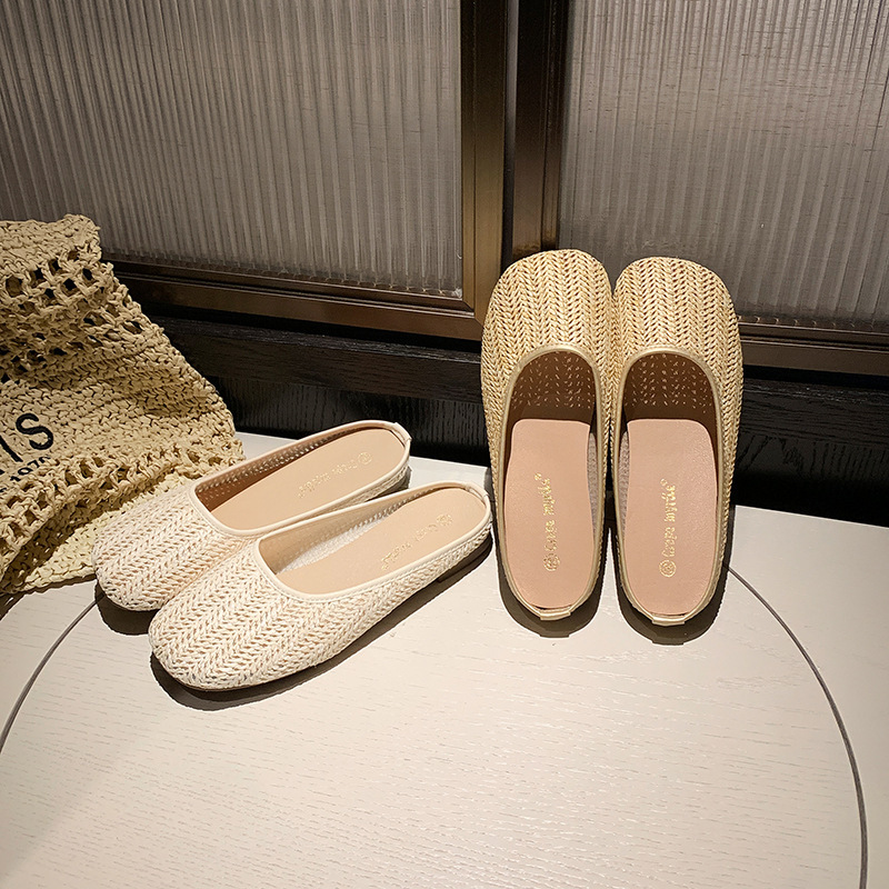 Grape Mom's Same Style Summer New Woven Design Breathable Casual Versatile Low-Heeled Fisherman Shoes Women's Half-Slip Sandals