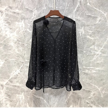 深圳南油工厂直批25 V领微透波点衬衫女欧货春夏气质花朵真丝上衣