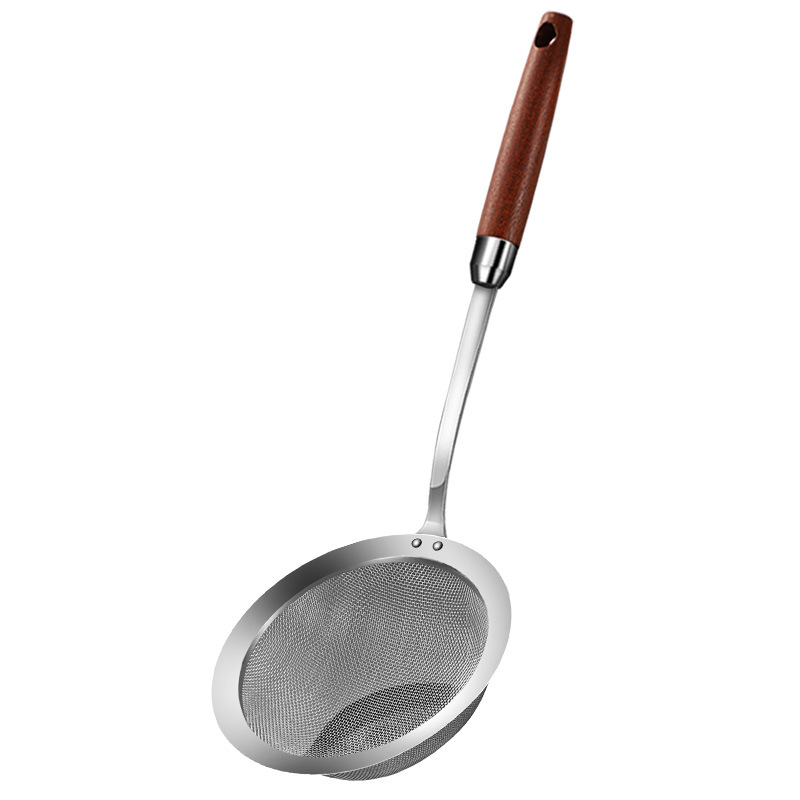 304 de acero inoxidable colador de aceite Sapele mango de madera colador de malla hogar frito separador de aceite sopa de aceite Filtro de separación cuchara
