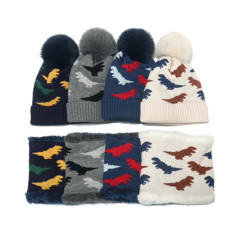 Winter kids' hat & scarf set with a cute dinosaur in Grey, Blue, White, Hidden Green