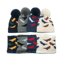 Winter kids' hat & scarf set with a cute dinosaur in Grey, Blue, White, Hidden Green