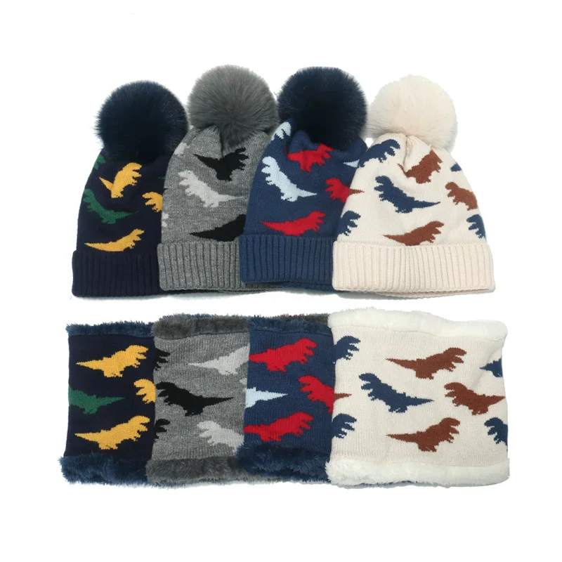 Winter kids' hat & scarf set with a cute dinosaur in Grey, Blue, White, Hidden Green