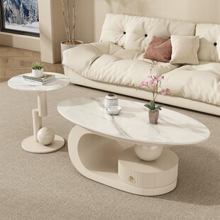 Light Luxury Cream Rock Board Coffee Table Household Living Room Modern Small Apartment Sofa Living Room Combination Oval Coffee Table Luxury