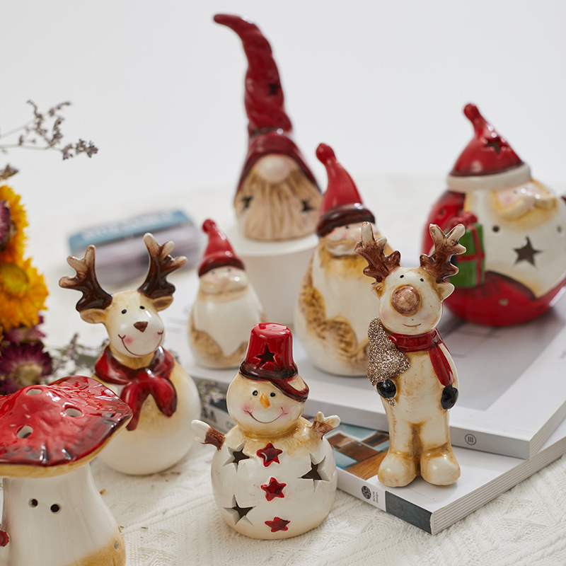 Nuevos productos transfronterizos de Navidad cerámica retro decoración de nieve hombre viejo alce escritorio con luces decorativas regalos