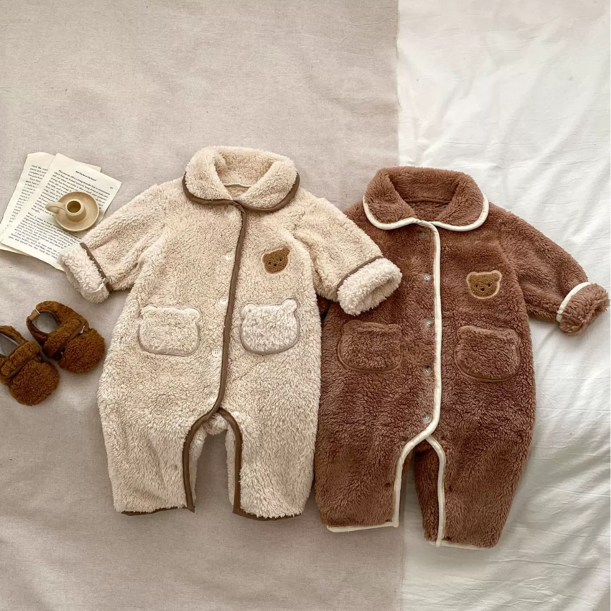 儿童秋冬衣服婴儿连体衣加绒翻领长袖哈衣超萌小熊保暖睡衣爬爬服