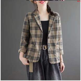 2024 Autumn New Literary Retro Plaid Suit Long Sleeve Tops Loose Slim Top for Women # 627