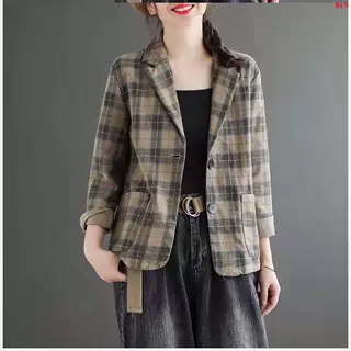 2026春年秋季新款文艺复古格子西服长袖外套宽松显瘦上衣女#627