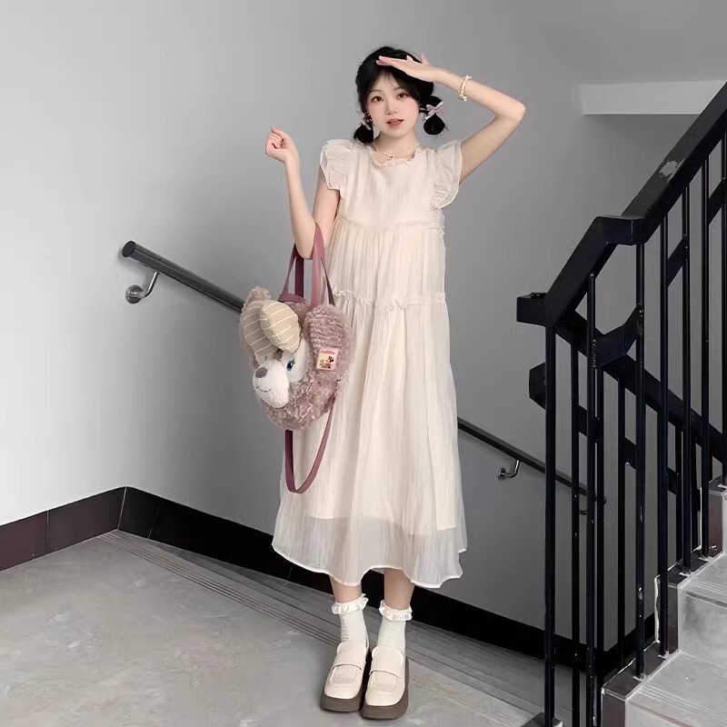 夏の女性用の小さなフライングスリーブの白いドレス、美しいミルクフフサスペンダーロングドレス、小さな人向けの海辺の休暇ビーチ|undefined