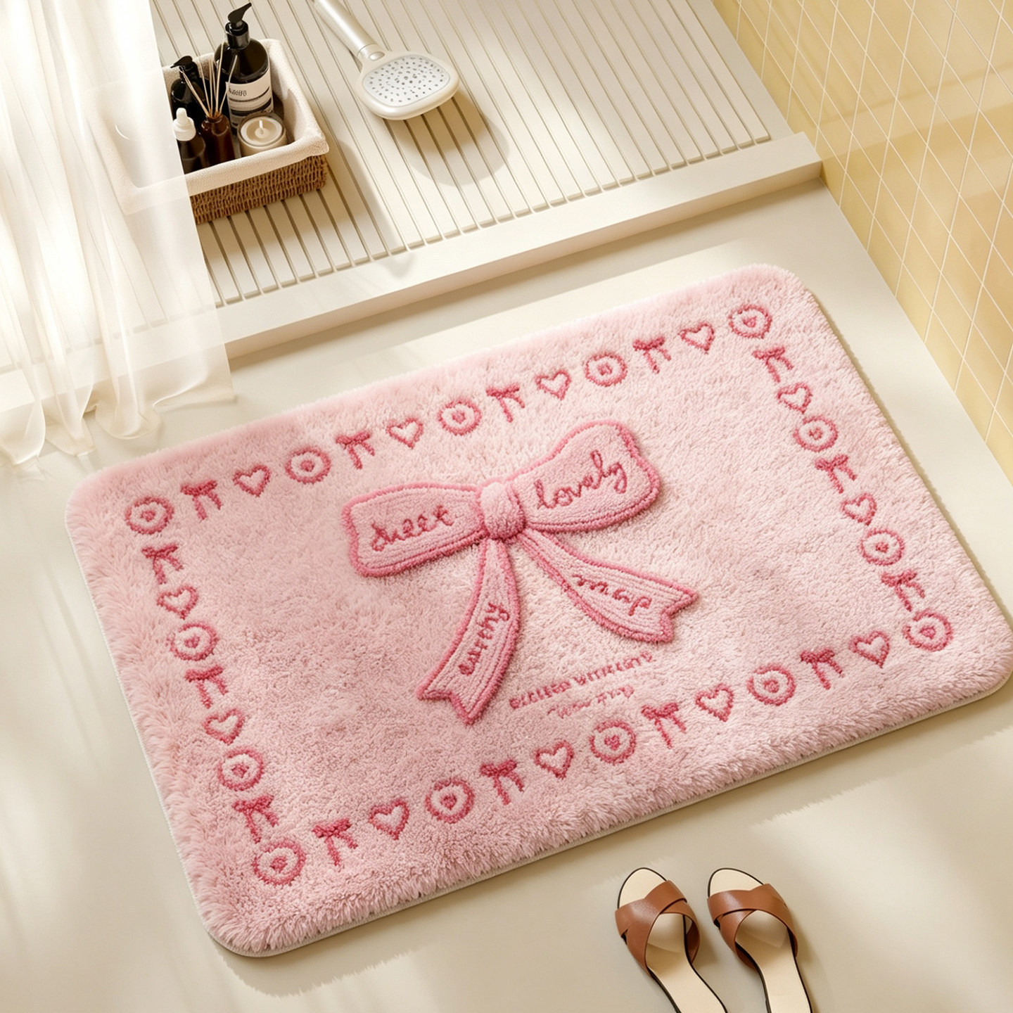 Cute Bow-Knot Bathroom Floor Mat, Imitation Cashmere Non-Slip Foot Mat, Living Room and Bedroom Cooling Insulation Mat, Easy-Care Carpet, in Stock
