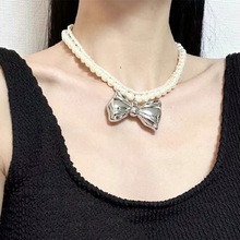韩国银色立体蝴蝶结珍珠串珠双层项链女小众高级感颈链个性锁骨链