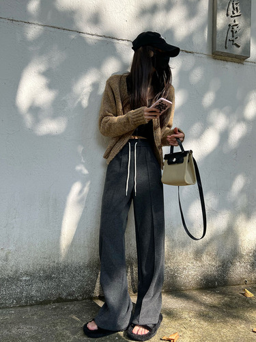 Women's Autumn/Winter Loose Casual Straight Leg Pants with High Waist Narrow Version Wool Knit Wide Leg Pants for Slimming and Long Legs