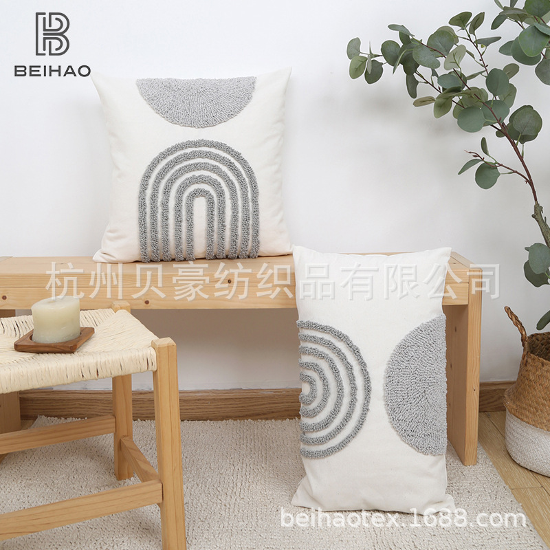Semicircular bordado círculo geométrico abrazar almohada cubierta moderna simple bordado rayas almohada de la sala de estar dormitorio modelo casa almohada de alojamiento
