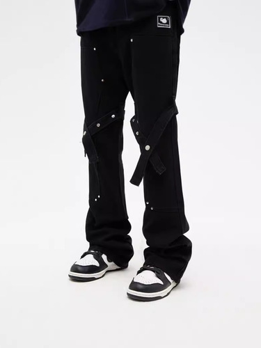 Vintage American-style high-street lace-up micro-waist straight-leg jeans for men and women, four-season black casual pants