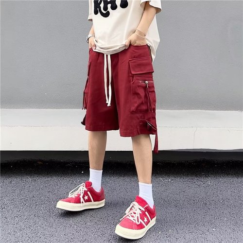 Japanese retro red cargo shorts men's summer fashion brand casual loose oversize pants sports five-point pants