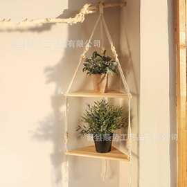 新款波西米亚棉绳手工编织置物架三角形木板家居民宿装饰花盆收纳